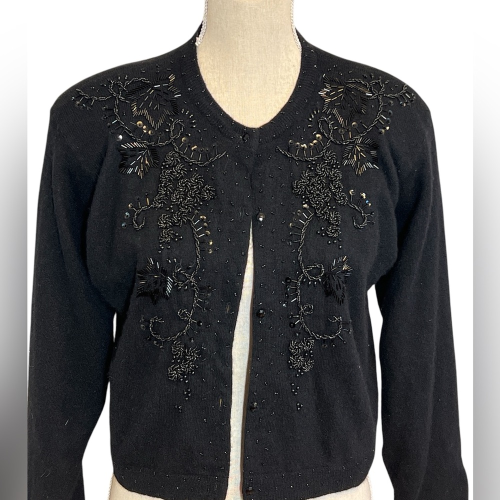 Vintage Beaded Wool Angora Cardigan – Black Embroidered, Made in Hong Kong (S/M)
